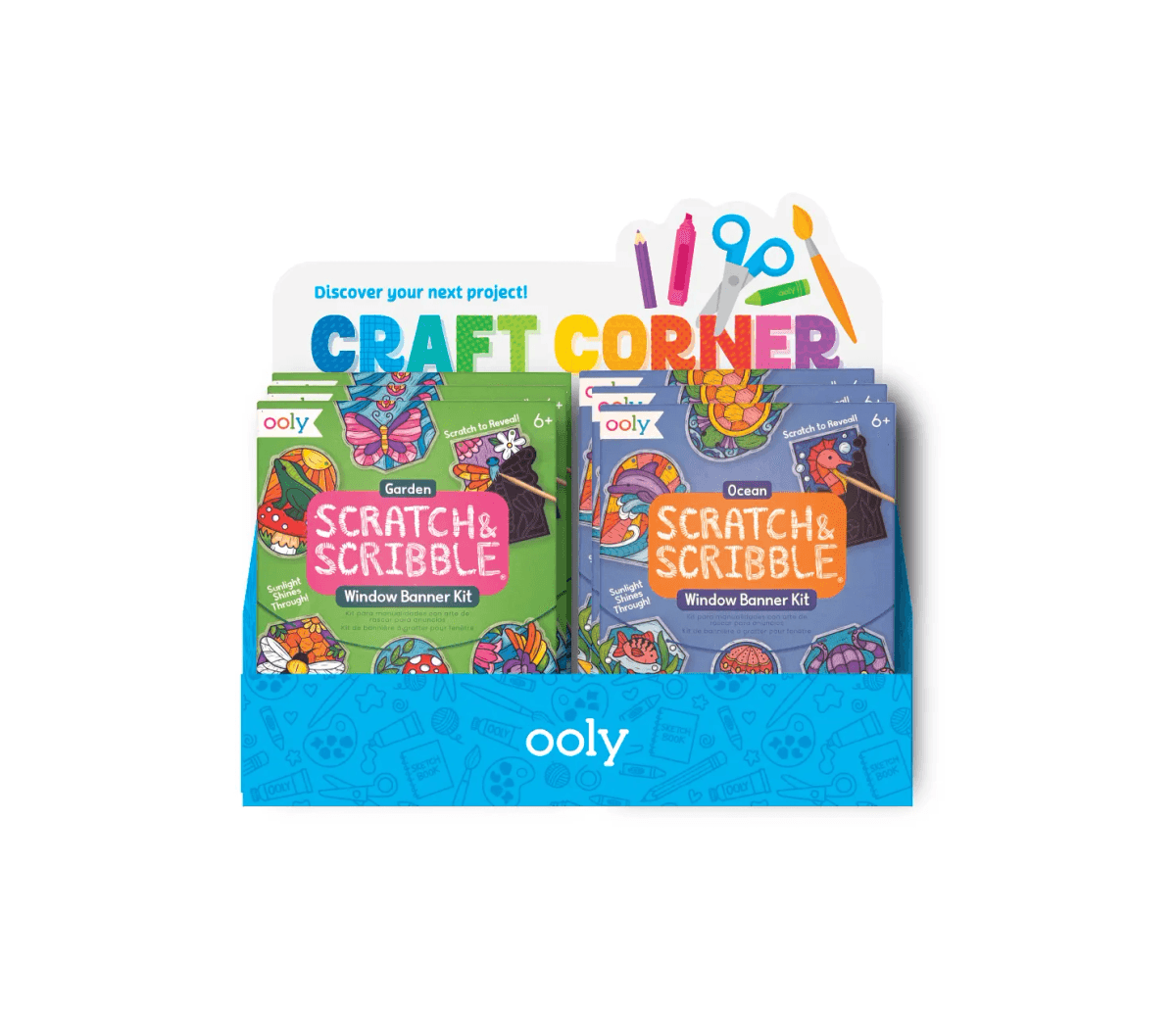 OOLY Mini Craft Corner Display - PreLoaded with Mini Scratch & Scribble Window Banner Kits (12 Assor