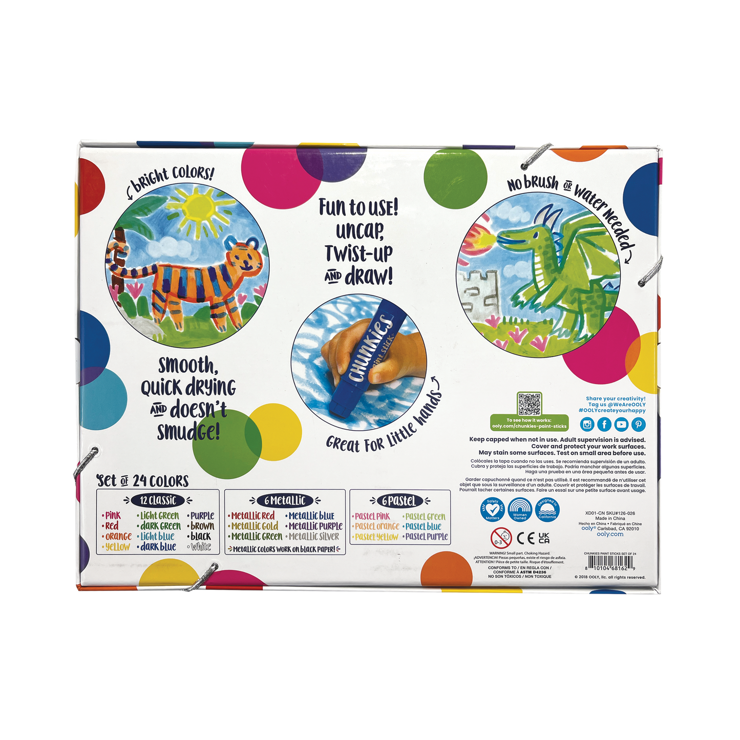 Back of packaging of OOLY Chunkies Paint Sticks variety pack showing directions and set contents