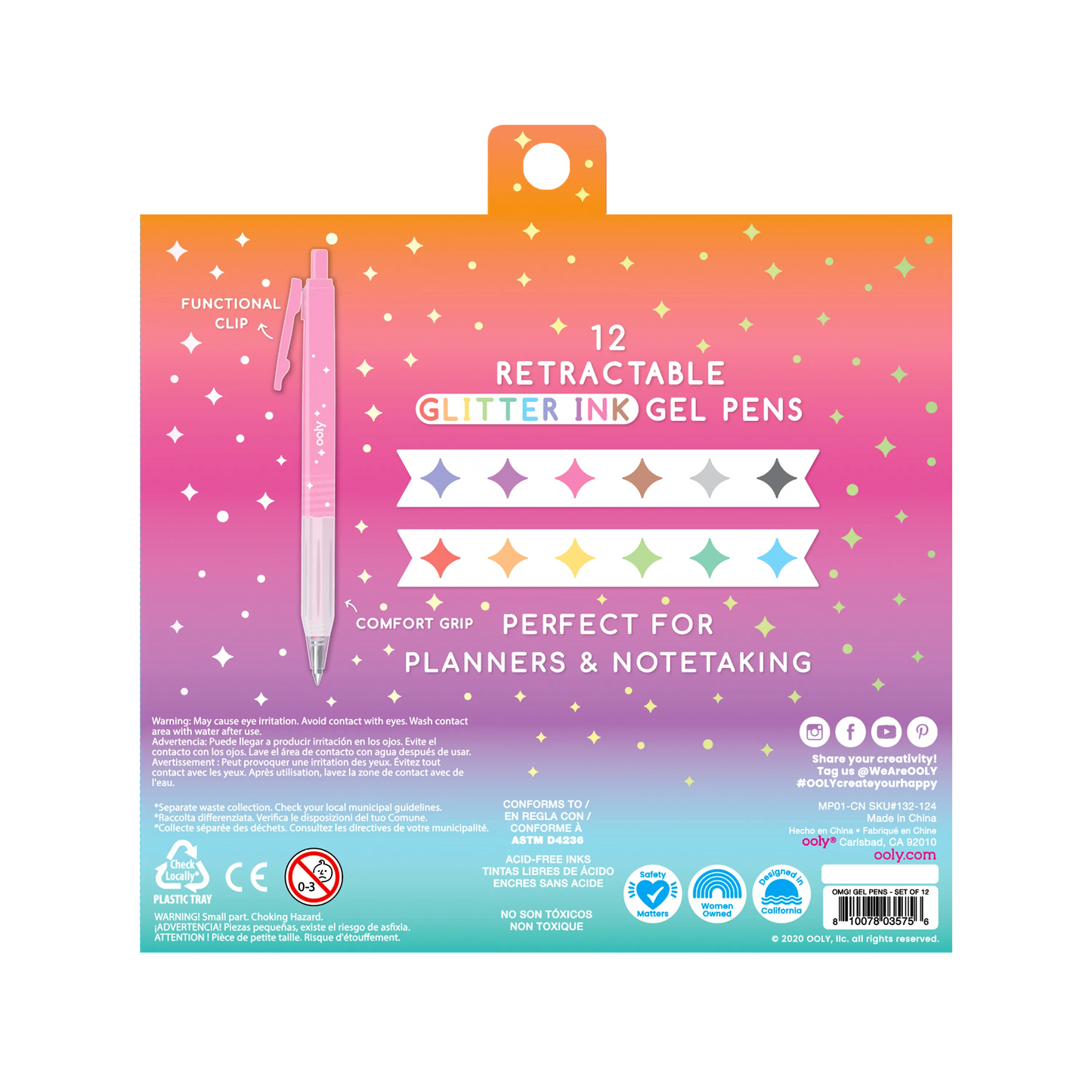 Back of packaging of OOLY Oh My Glitter! Retractable Gel Pens