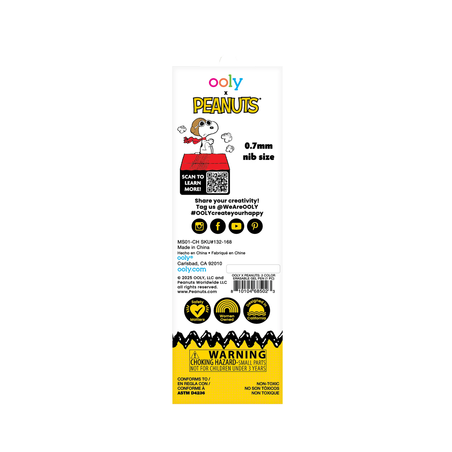 Back of packaging of OOLY x Peanuts - 3 Color Erasable Gel Pen
