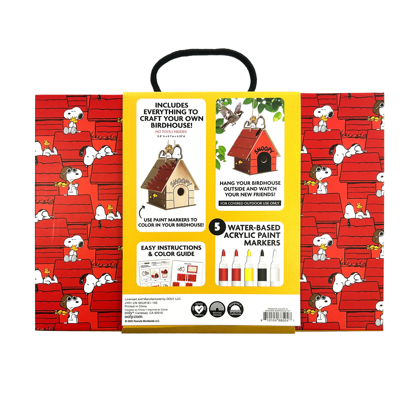 Back of package of OOLY x Peanuts Color-in Wooden Birdhouse Kit