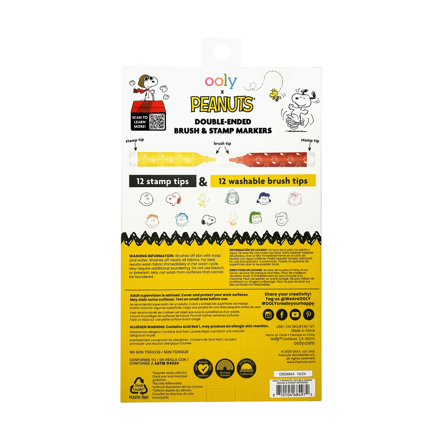Back of packaging of OOLY x Peanuts Double-Ended Brush & Stamp Markers