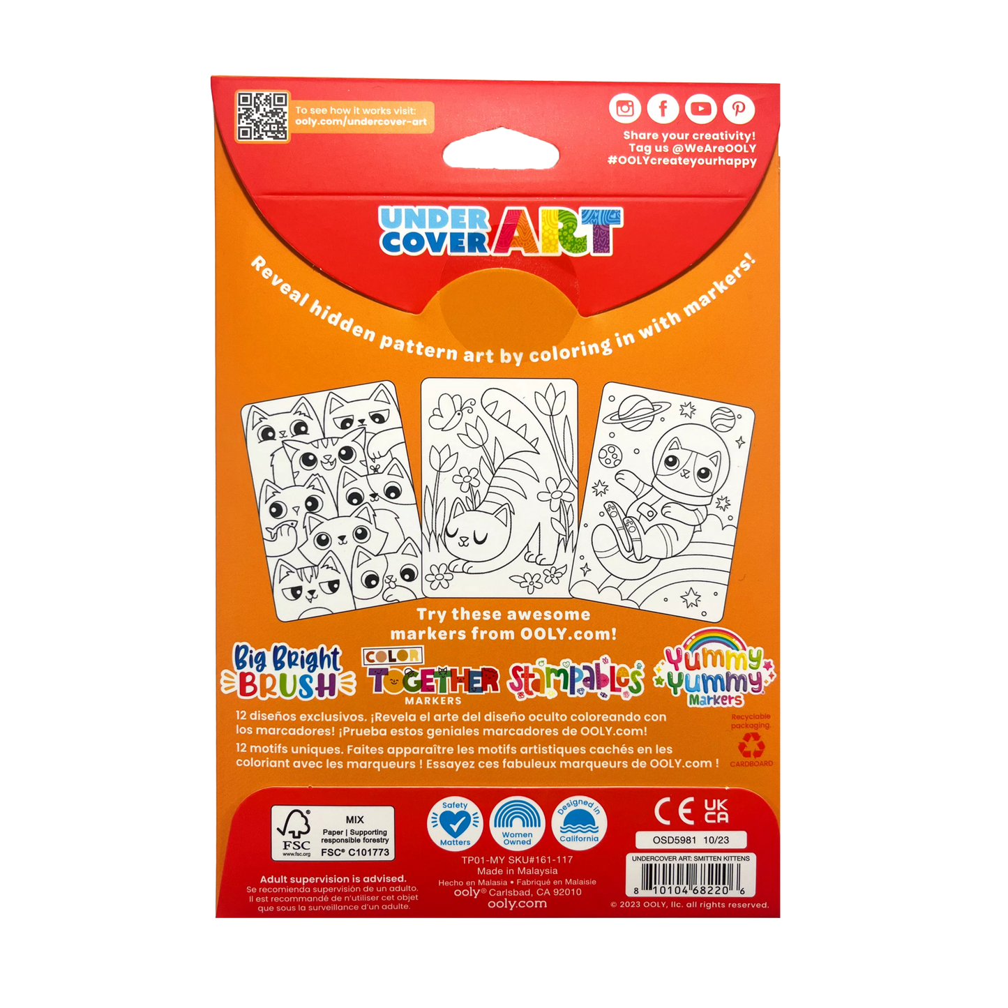 OOLY Undercover Art Hidden Pattern Coloring Activity Art Cards - Smitten Kittens back of packaging