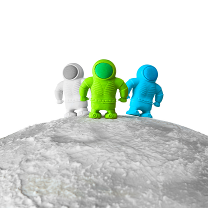 3 Astronaut Erasers shown standing on a planet top edge
