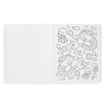 a page fromEnchanting Unicorns Coloring Book showing mermaid unicorns