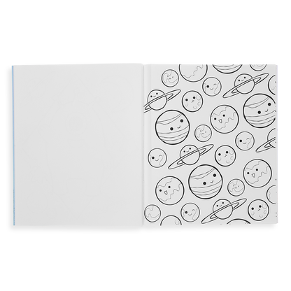 Outer Space Explorers Coloring Book showing coloring page with happy planets