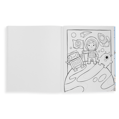 Outer Space Explorers Coloring Book page showing astronaut kid & robot & alien