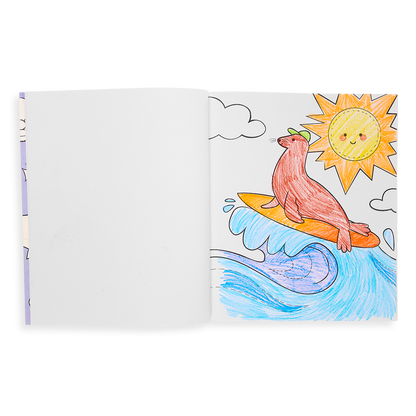 Outrageous Ocean Coloring Book colored in page with a seal on a surfboard