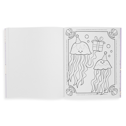 A coloring page from Outrageous Ocean Coloring Book showing jelly fish at Birthday party