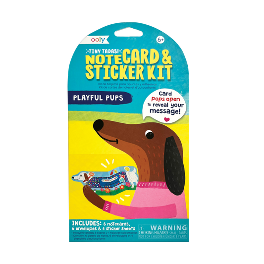 Tiny Tada! Playful Pups note card and sticker kit in packaging