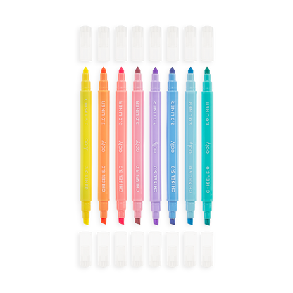 Pastel Liner markers lined up in a row with caps off