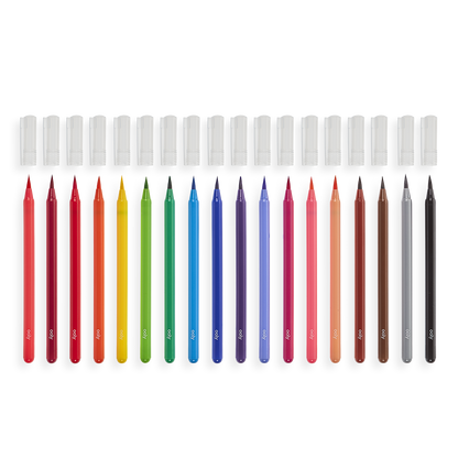 Chroma Blends Watercolor Brush Markers lined up in a row with caps off