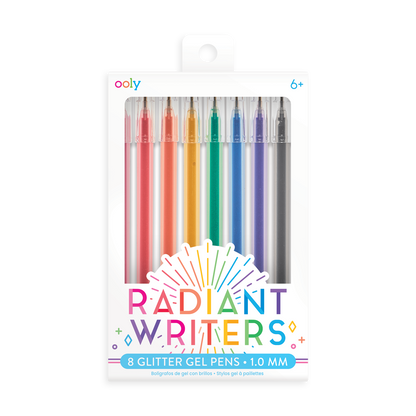 OOLY Set of 8 Radiant Writers glitter gel pens with colored gel ink in new cardstock packaging