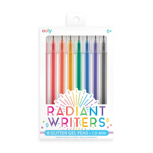 OOLY Set of 8 Radiant Writers glitter gel pens with colored gel ink in new cardstock packaging