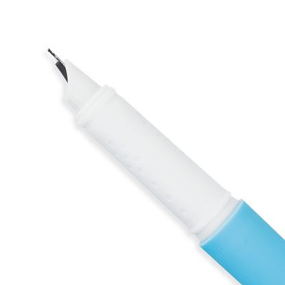 Closeup of blue colored Fab Fountain Pen with black ink