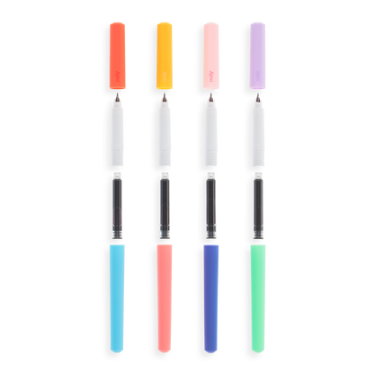 Fab Fountain Pens with lined up with caps, tips, ink cartridges and barrels separated