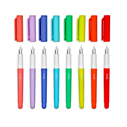 Color Write Fountain Pens set of 8 shown with their caps off to see the nibs
