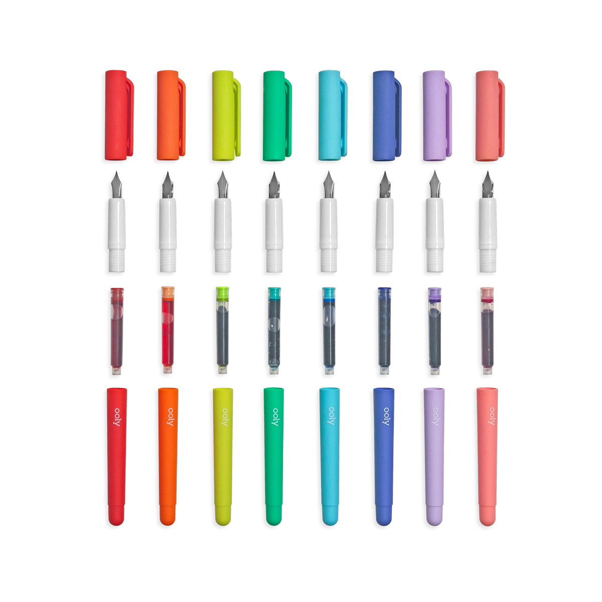 Color Write Fountain Pens set of 8 shown taken apart so you can see the cap, the nib section, the cartridge and the barrel