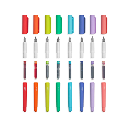 Color Write Fountain Pens set of 8 shown taken apart so you can see the cap, the nib section, the cartridge and the barrel
