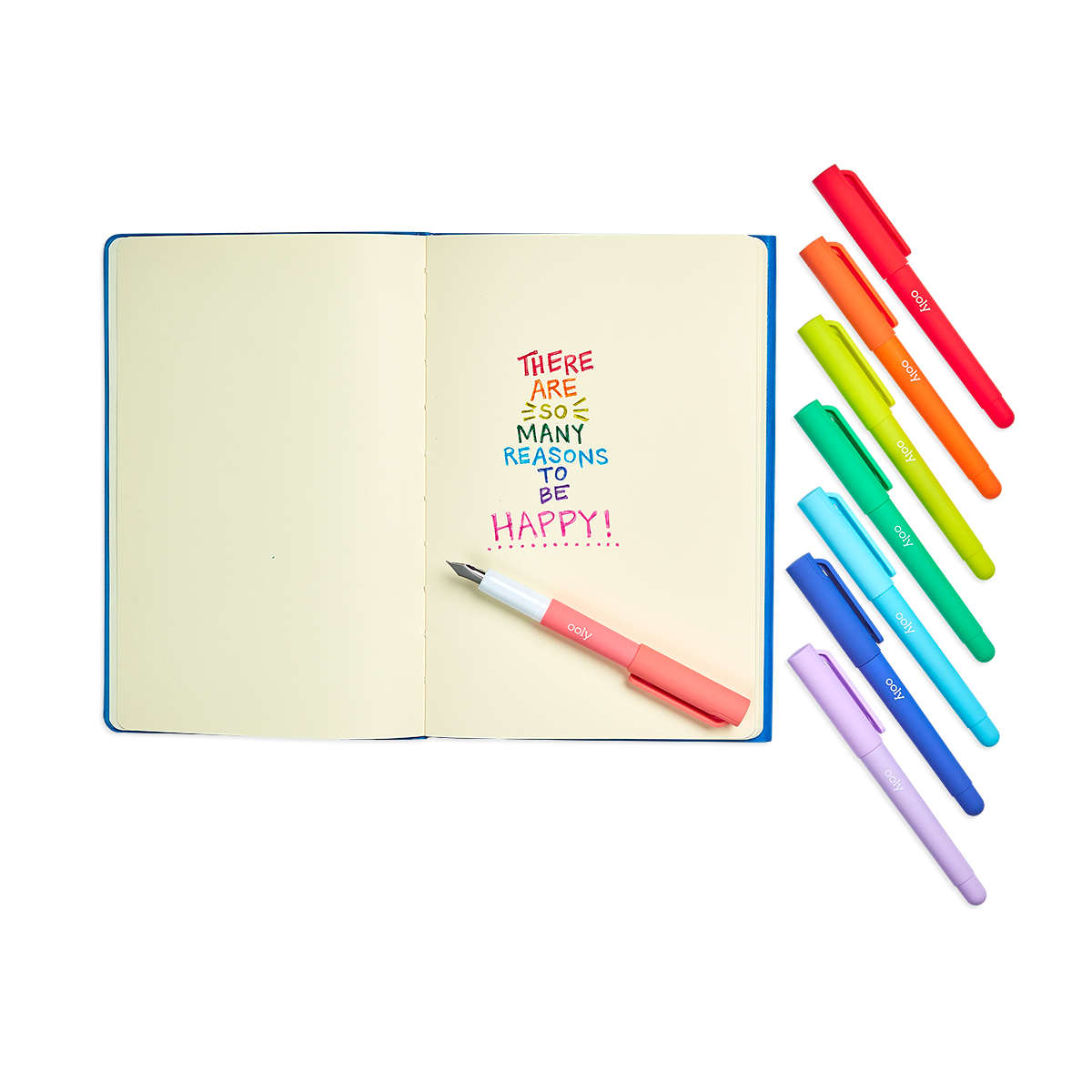 Color Write Fountain Pens set of 8 shown with a notebook and writing
