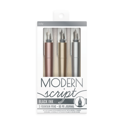 Set of 3 Modern Script fountain pens and a paper journal