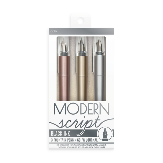 Set of 3 Modern Script fountain pens and a paper journal