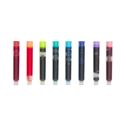 Color Write Set of 8 multi-color fountain pen ink cartridges fit all OOLY fountain pens out of package in a row