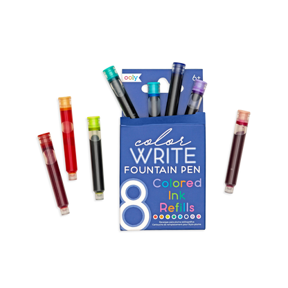 Color Write Set of 8 multi-color fountain pen ink cartridges fit all OOLY fountain pens shown in and out of package