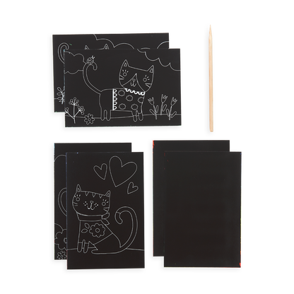 Supplies included in the Cutie Cats Scratch and Scribble Mini Scratch Art Kit