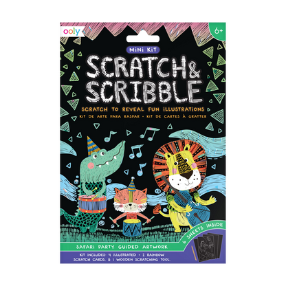 OOLY Safari Party Scratch and Scribble Mini Scratch Art Kit in package (front).