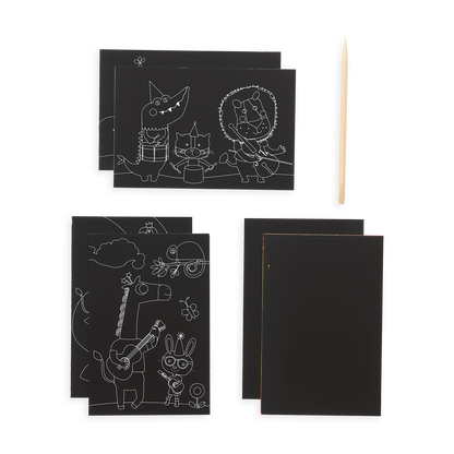 Items included in Safari Party Scratch and Scribble Mini Scratch Art Kit including 6 sheets and a wooden stylus.