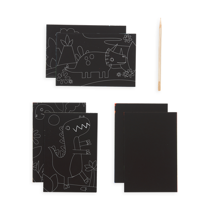 Image of the Dinosaur Days Scratch and Scribble Mini Scratch Art Kit contents which includes 6 sheets and one wooden stylus.  