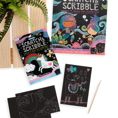 Display of Funtastic Friends Scratch and Scribble Mini Scratch Art Kit next to the Mermaid Magic Scratch and Scribble. 