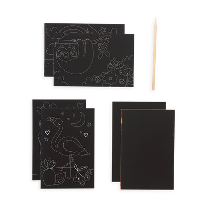 Funtastic Friends Scratch and Scribble Mini Scratch Art Kit package content which includes 6 sheets and a wooden stylus. 