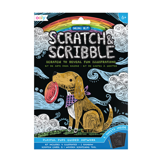 Playful Pups Scratch and Scribble Mini Scratch Art Kit inside package (front)