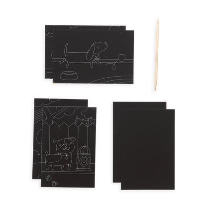 Playful Pups Scratch and Scribble Mini Scratch Art Kit content which includes 6 sheets and a wooden stylus.