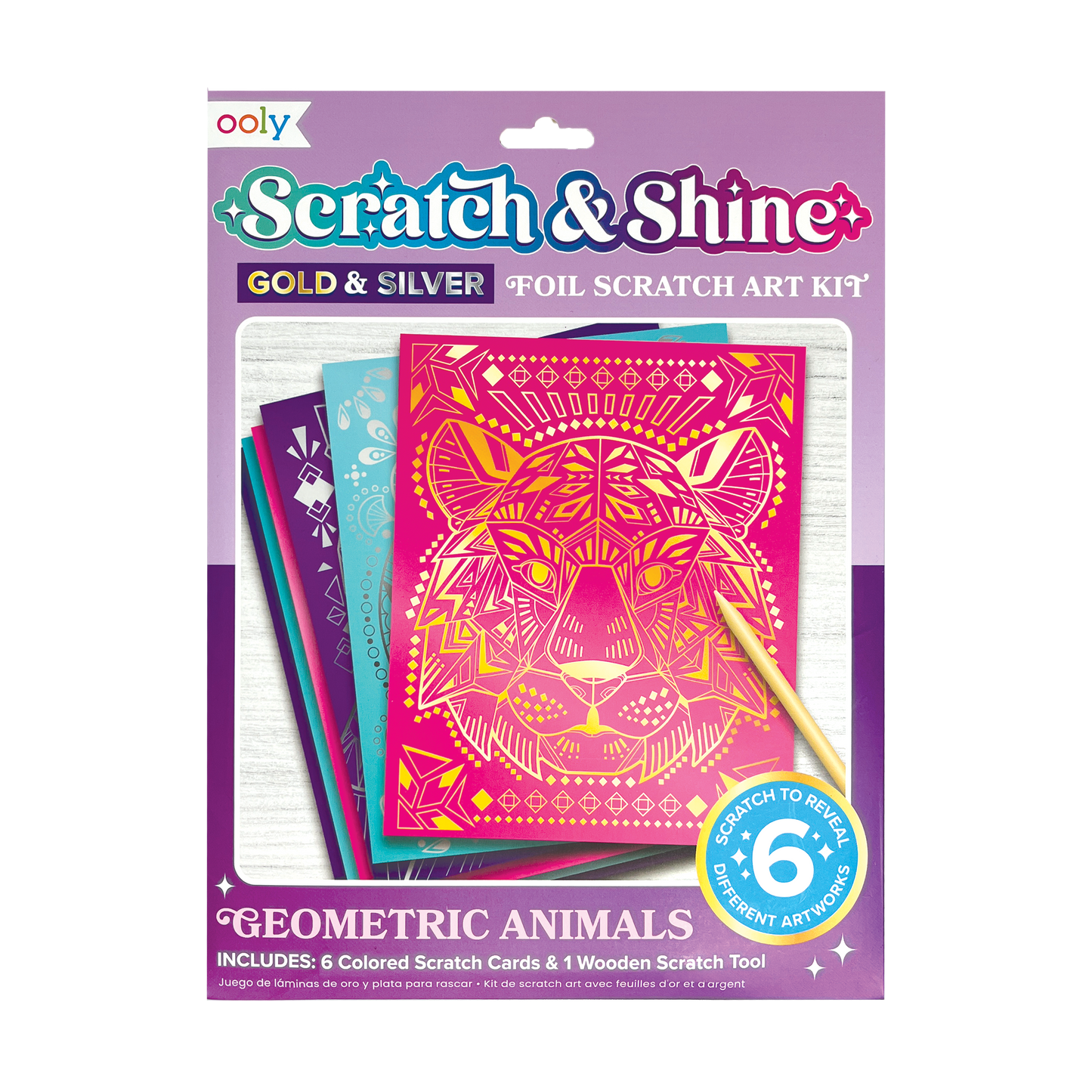 Scratch & Shine: Foil Scratch Art Kit - Geometric Animals (7 PC Set)