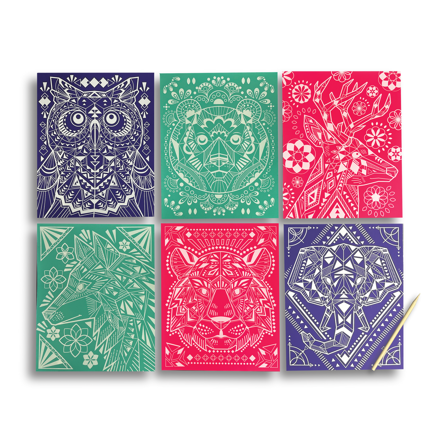 Scratch & Shine: Foil Scratch Art Kit - Geometric Animals (7 PC Set)