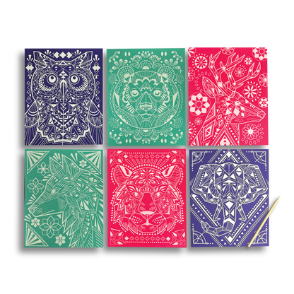 Scratch & Shine: Foil Scratch Art Kit - Geometric Animals (7 PC Set)