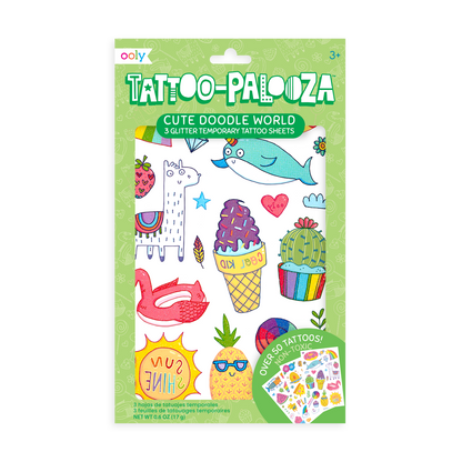 Tattoo-Palooza Temporary Tattoos - Cute Doodle World - in packaging.