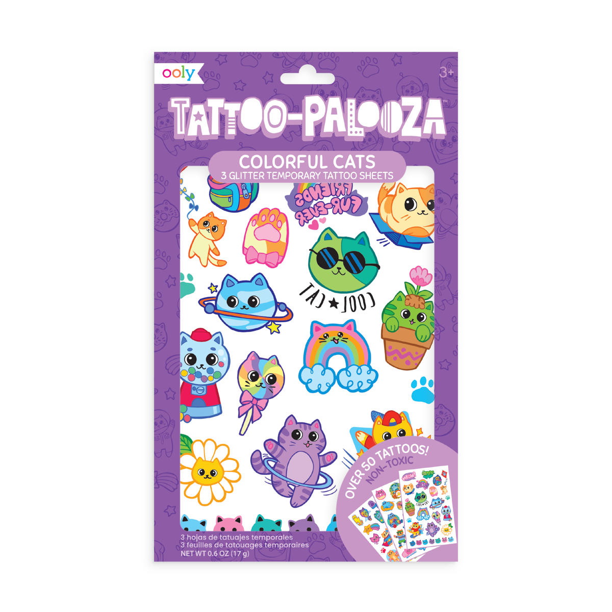 Tattoo Palooza: Glitter Temporary Tattoos - Colorful Cats (3 Sheet Set)