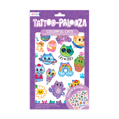 Tattoo Palooza: Glitter Temporary Tattoos - Colorful Cats (3 Sheet Set)