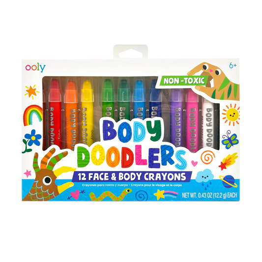 Front of packaging of the OOLY Body Doodlers - Face & Body Crayons