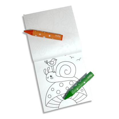 Opened coloring book with snail coloring page and crayons from Carry Along! Coloring Book and Crayon Set - Garden Pals