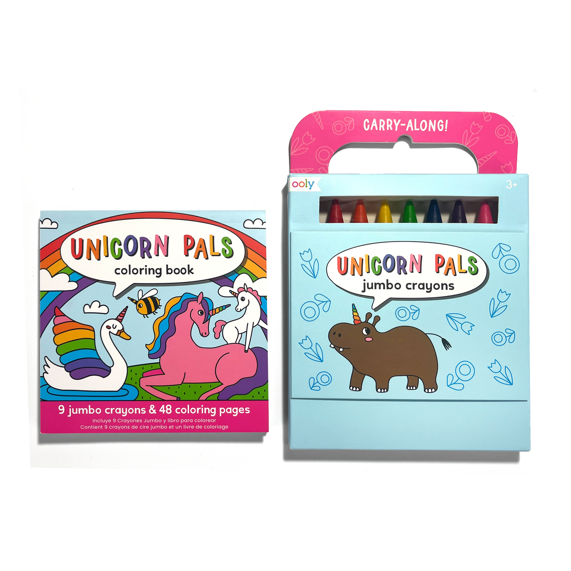 OOLY Carry Along! Coloring Book and Crayon Set - Unicorn Pals with coloring book and crayon set side-by-side