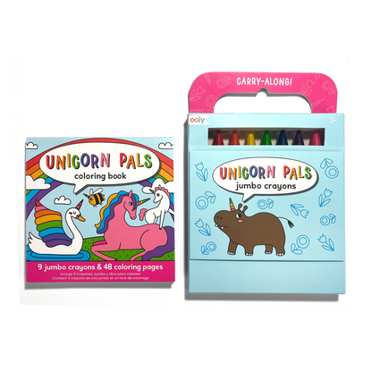 OOLY Carry Along! Coloring Book and Crayon Set - Unicorn Pals with coloring book and crayon set side-by-side