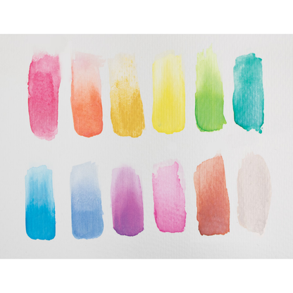 6 watercolor paint swatches on white paper made with OOLY Pearlescent Chroma Blends watercolor paint set