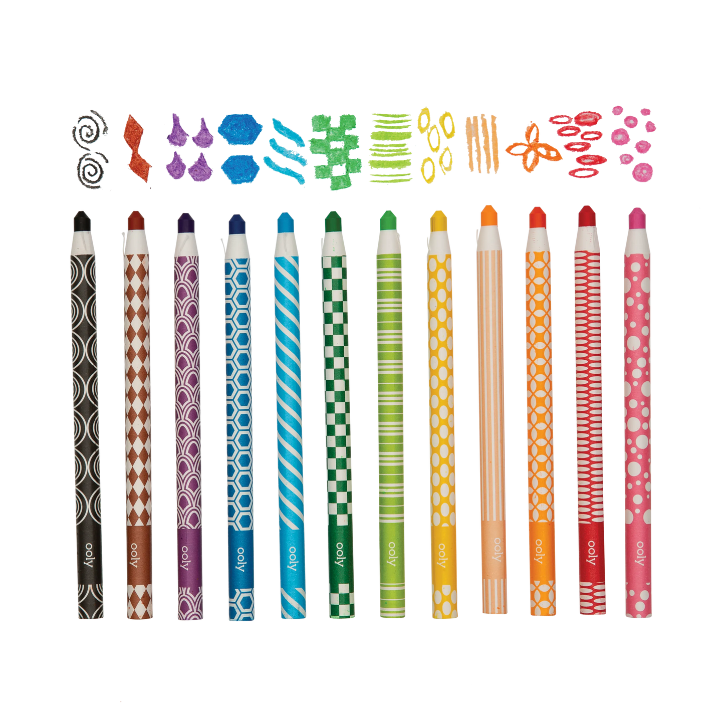 All 12 OOLY Color Appeel Crayon Sticks in a row with color swatches