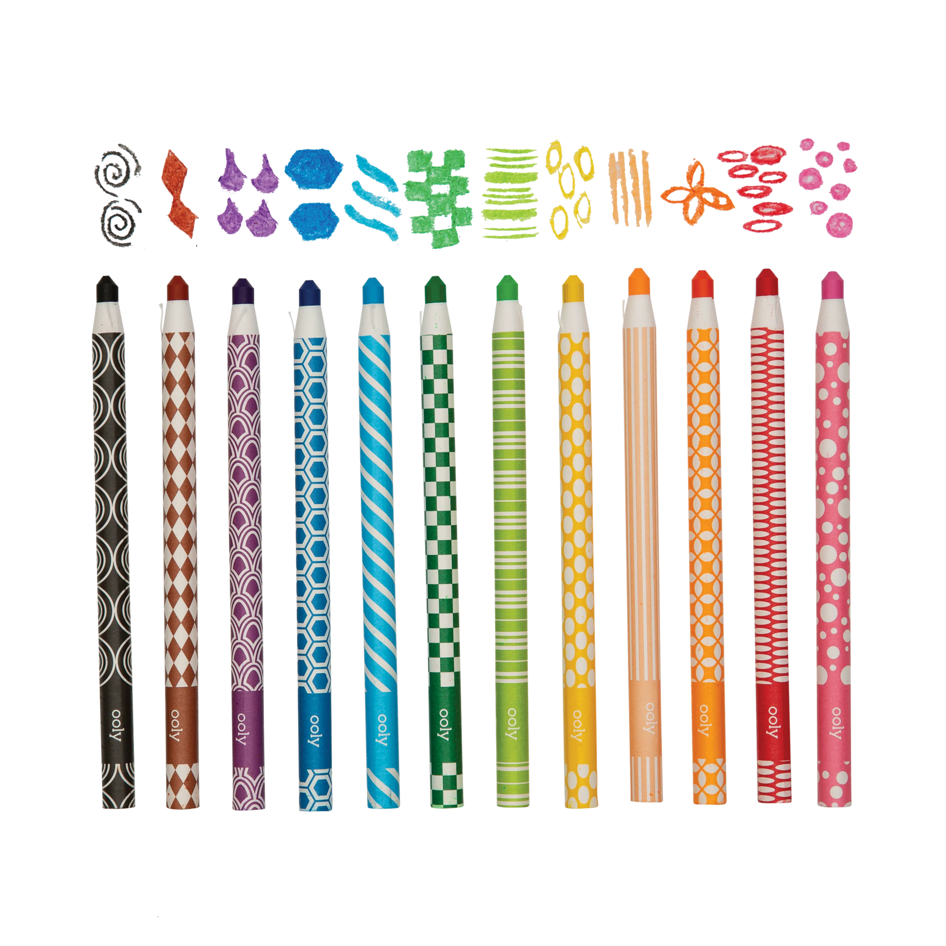 All 12 OOLY Color Appeel Crayon Sticks in a row with color swatches
