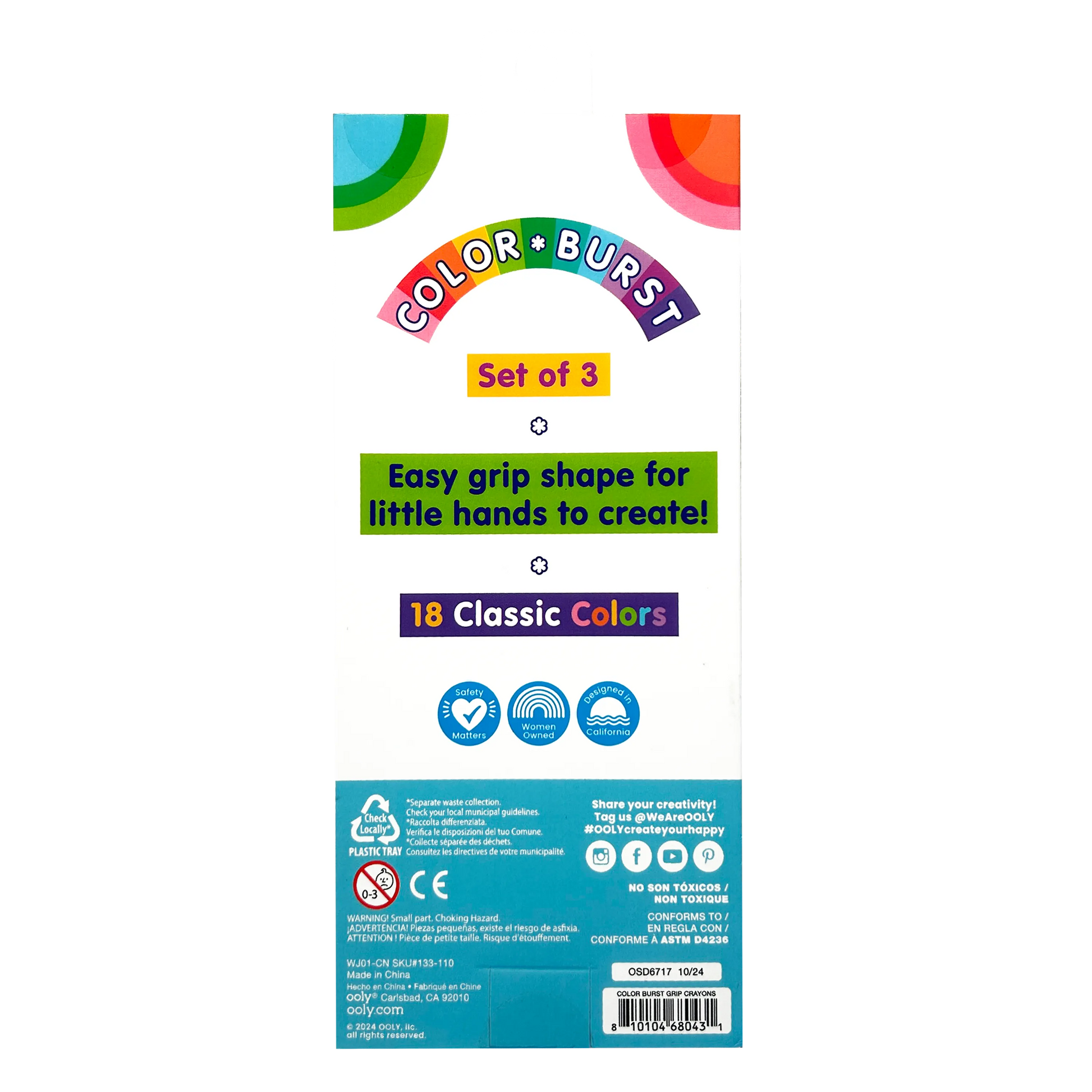 Back of packaging from set of OOLY Color Burst Crayons